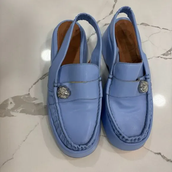 Ganni Loafers Womens Size 8 EU 38 Retro Slingback Platform Shoes Blue Leather - Picture 10 of 12